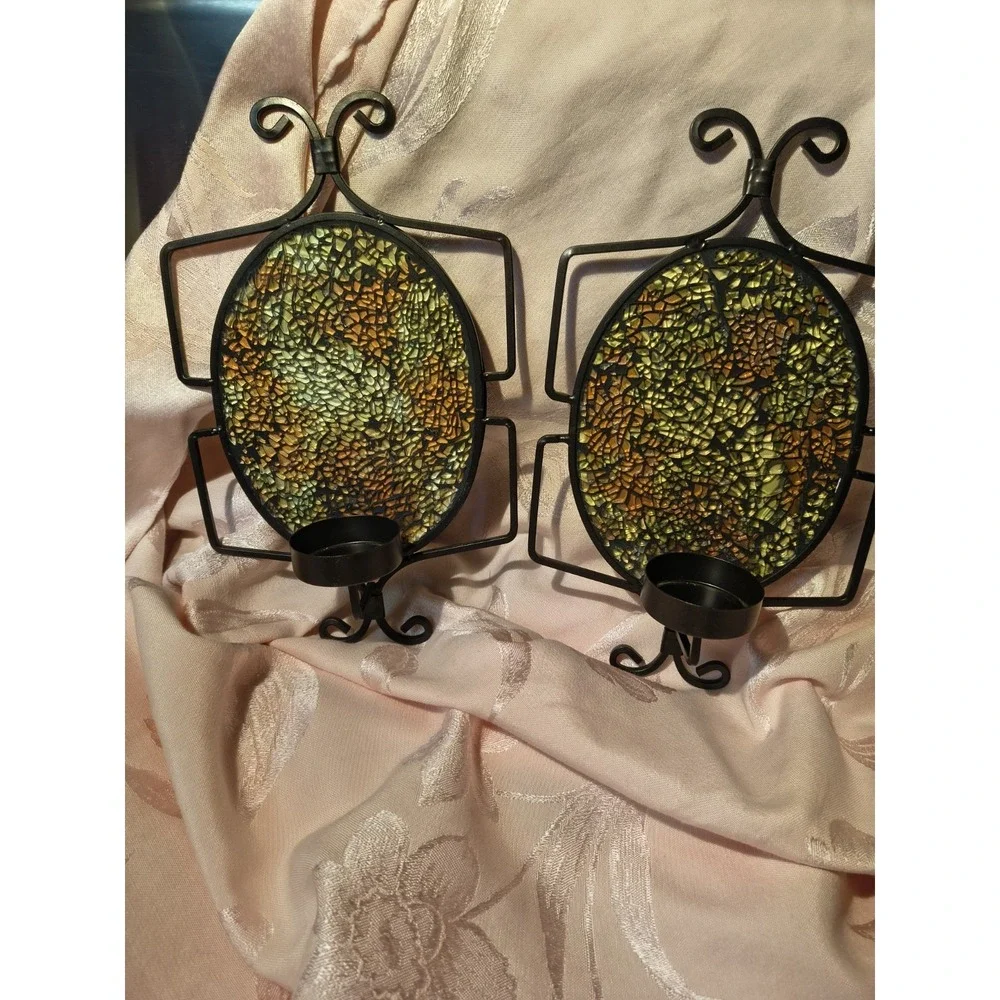 Vtg Elements Crackle Glass Mosaic Wall Sconce Candle Holder Pair Amber Yellow